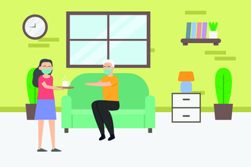 Elderly in nursing home wearing face mask 2D flat vector concept for banner, website, illustration, landing page, flyer, etc.