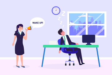 Angry lady boss waking up employee 2D flat vector concept for banner, website, illustration, landing page, flyer, etc.