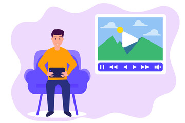 Young man watching online video on tablet 2D flat vector concept for banner, website, illustration, landing page, flyer, etc.