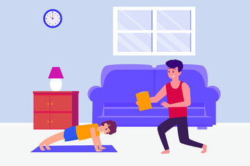 Father and son doing push up 2D flat vector concept for banner, website, illustration, landing page, flyer, etc.