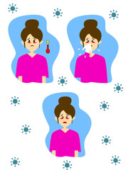 Vector illustration of common covid 19 symptoms. Covering symptoms of fever, cough and fatigue
