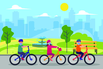 Children wearing face mask riding bike at park 2D flat vector concept for banner, website, illustration, landing page, flyer, etc.