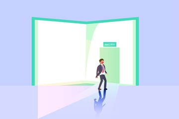 Businessman wearing face mask in front of Success door 2D flat vector concept for banner, website, illustration, landing page, flyer, etc.