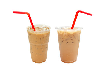Iced coffee with straw in plastic cup isolated on white background