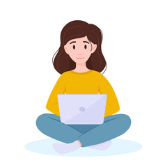 Woman with laptop. Freelancer, student, employee concept.