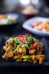Stir Fried Pork Ribs Red Curry Paste And Coconut Milk.
