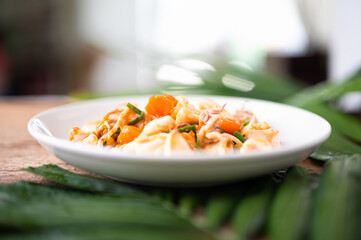 Stir Fried Squid with Salted Egg Yolk, Thai Seafood.