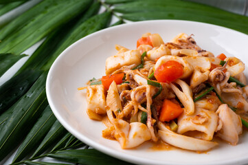Stir Fried Squid with Salted Egg Yolk, Thai Seafood.