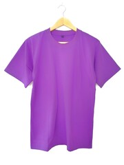 violet t shirt on hanger with white background