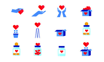 set collection humanity donation hands, big heart and coin flat icon illustration design