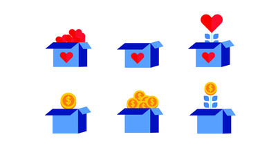 Fototapeta premium set collection donation box with big heart and coin flat icon illustration design