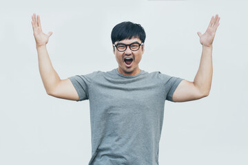 Fototapeta premium adult asian man.young male person wear eye glasses.posing smiling laughing look excited surprised thinking positive happy.empty,copy space for text advertising.white background.attractive fashion