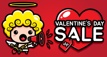 cute cupid character design holding megaphone on sale discount card on valentine's day
