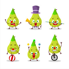 Cartoon character of green pear with various circus shows