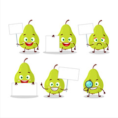 Green pear cartoon character bring information board