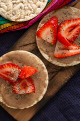 rice crackers, whit fruits on table blue