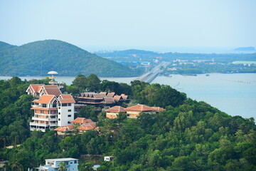 Fototapeta premium A bird's-eye view of the town and the fishing community. From the top of the mountain at the highest point of Koh Yor, Songkhla Province, Thailand