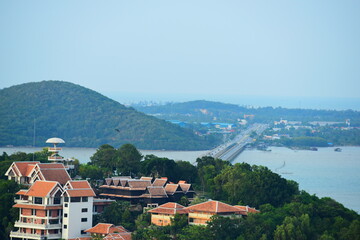Fototapeta premium A bird's-eye view of the town and the fishing community. From the top of the mountain at the highest point of Koh Yor, Songkhla Province, Thailand