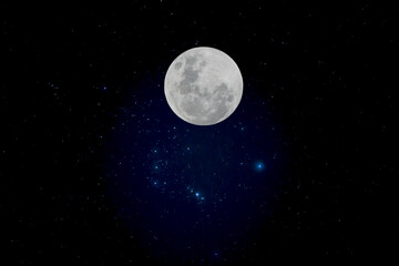 Full moon between real stars on the sky.