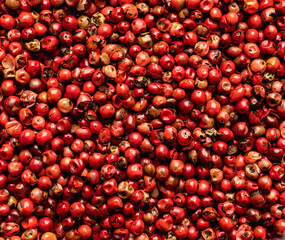 Red peppercorn on the black stone background. Shot from above. Background and textures.