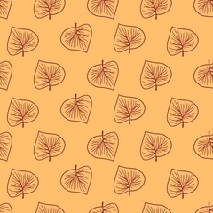 Yellow Background Seamless Pattern with Decorated Leaves Vector Line Art Drawing