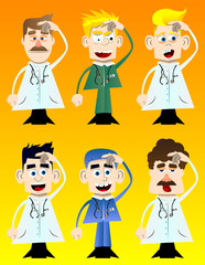 Funny cartoon doctor confused. Vector illustration. Health care worker scraping his head.