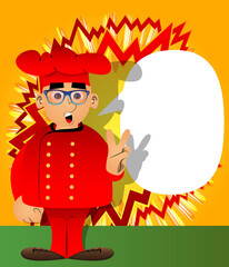 Fat male cartoon chef in uniform showing the V sign, peace sign. Vector illustration.