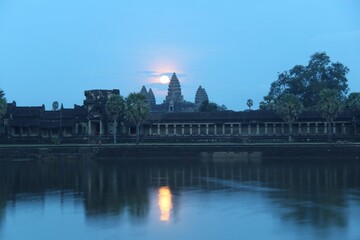 Fototapeta na wymiar Cambodia. Angkor Wat temple. Full moon. The Hindu temple was built at the beginning of the 12th century, during the reign of Suryavarlam II. Siem Reap province. 