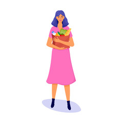 happy woman with groceries. Girl is holding paper bag with tomatoes cheese loaf of bread milk. Purchase sale ecological farm products. Eco-products. Vector illustration white background flat style