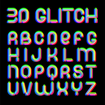 3d Glitch effect font. Latin letters from A to Z. Trending 2021 typerface design. For music events, banner, flyer, cover design.