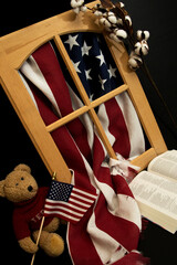 American Flag in a Frame with Bear, Bible, Flag and Cotton Composition