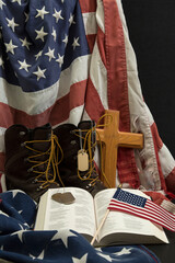 American Flag Composition with Boots, Dog Tags, Bible, and Cross