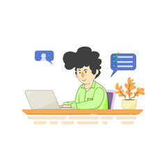Home office vector illustration: Doing work on a laptop. A man works and chatting while doing the checklist.