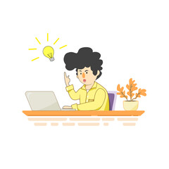 Home office vector illustration: Doing work on a laptop. A man works and gets a good idea.