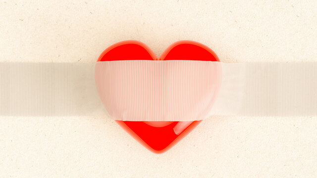 Red heart on white paper With some white cloth draped over the heart  for your text. 3D Render.
