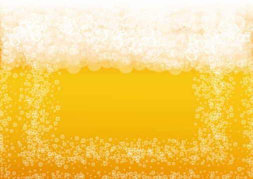 Beer background. Craft lager splash. Oktoberfest foam. Fresh pint of ale with realistic white bubbles. Cool liquid drink for pub menu design. Gold mug with beer background.