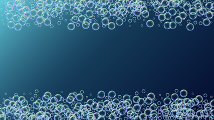 Fototapeta na wymiar Shampoo bubble. Detergent bath foam, suds and soap for bathtub. 3d vector illustration poster. Stylish fizz and splash. Realistic water frame and border. Blue colorful liquid shampoo bubble.