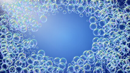 Swimming pool background with soap bubbles and foam. Minimal spray and splash. Realistic water frame and border. 3d vector illustration poster. Blue colorful liquid swimming pool.