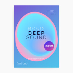 Summer music. Wavy techno show magazine layout. Fluid holographic gradient shape and line. Electronic sound. Night dance lifestyle holiday. Fest poster and flyer for summer music.