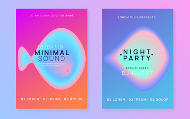 Music flyer set. Feminine indie concert banner layout. Fluid holographic gradient shape and line. Electronic sound. Night dance lifestyle holiday. Poster for summer fest and music flyer.