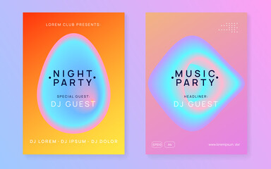 Music flyer set. Fluid holographic gradient shape and line. Electronic sound. Night dance lifestyle holiday. Geometric indie show cover template. Poster for summer fest and music flyer.