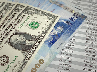Taiwan 1000 dollar bills and US one-dollar money are placed on the exchange rate chart. Concept for current exchange rate, foreign currency exchange.
