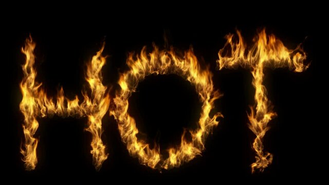 3D animation of word hot text on fire with alpha layer