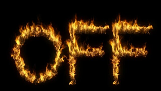 3D animation of word off text on fire with alpha layer