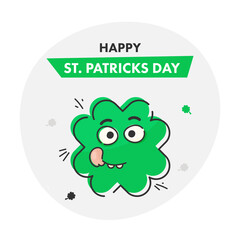 Happy St. Patricks Day Text With Cartoon Shamrock Leaf On White Background.