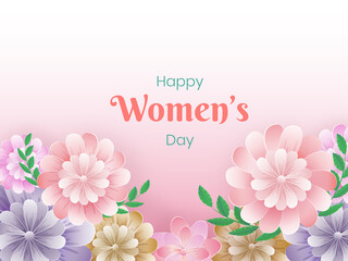 Happy Women's Day Greeting Card With Beautiful Flowers And Leaves Decorated On Glossy Pink Background.