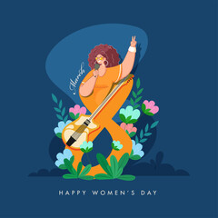 8 March Text Decorated With Floral, Guitar And Young Lady Singing On Blue Background For Happy Women's Day Celebration.