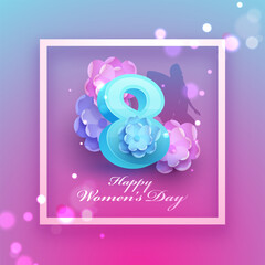 3D 8 Number With Flowers, Silhouette Female Angel On Blue And Pink Bokeh Background For Happy Women's Day Concept.