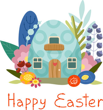 Easter card with a cute house in flowers. Vector Easter illustration hand-drawn in cartoon style.