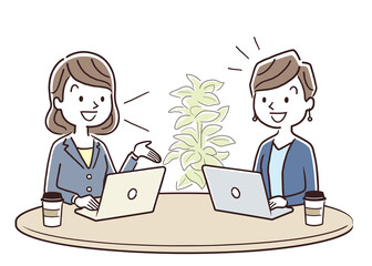 ベクターイラスト素材：マスクを付けて打ち合わせをする女性、ビジネス
